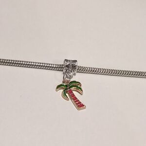 Silver Gold Palm Tree Enamel‎ Dangle Charm for Pandora Style Bracelet
